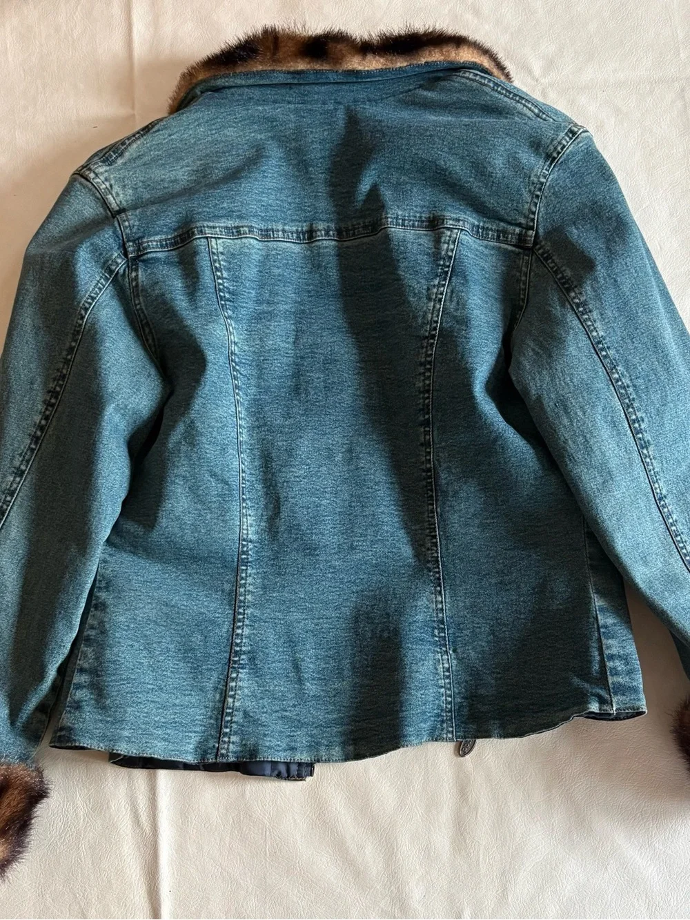 Mudd Teal Denim Jacket with Brown Faux Fur Collar - Girls Size Large